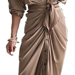 Linsery Women Elegant Satin Button Down Shirt Dress Khaki Size M